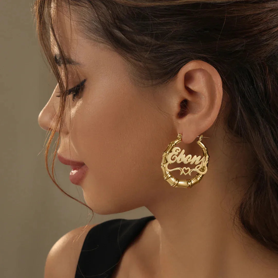 Personalized 18K Gold Bamboo Hoop Earrings – Custom Nameplate