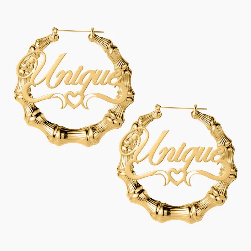 Personalized 18K Gold Bamboo Hoop Earrings – Custom Nameplate