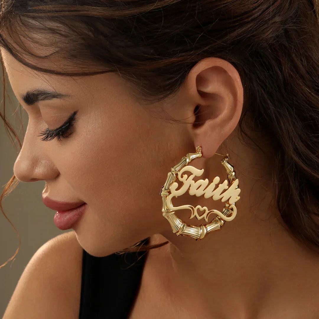 Personalized 18K Gold Bamboo Hoop Earrings – Custom Nameplate