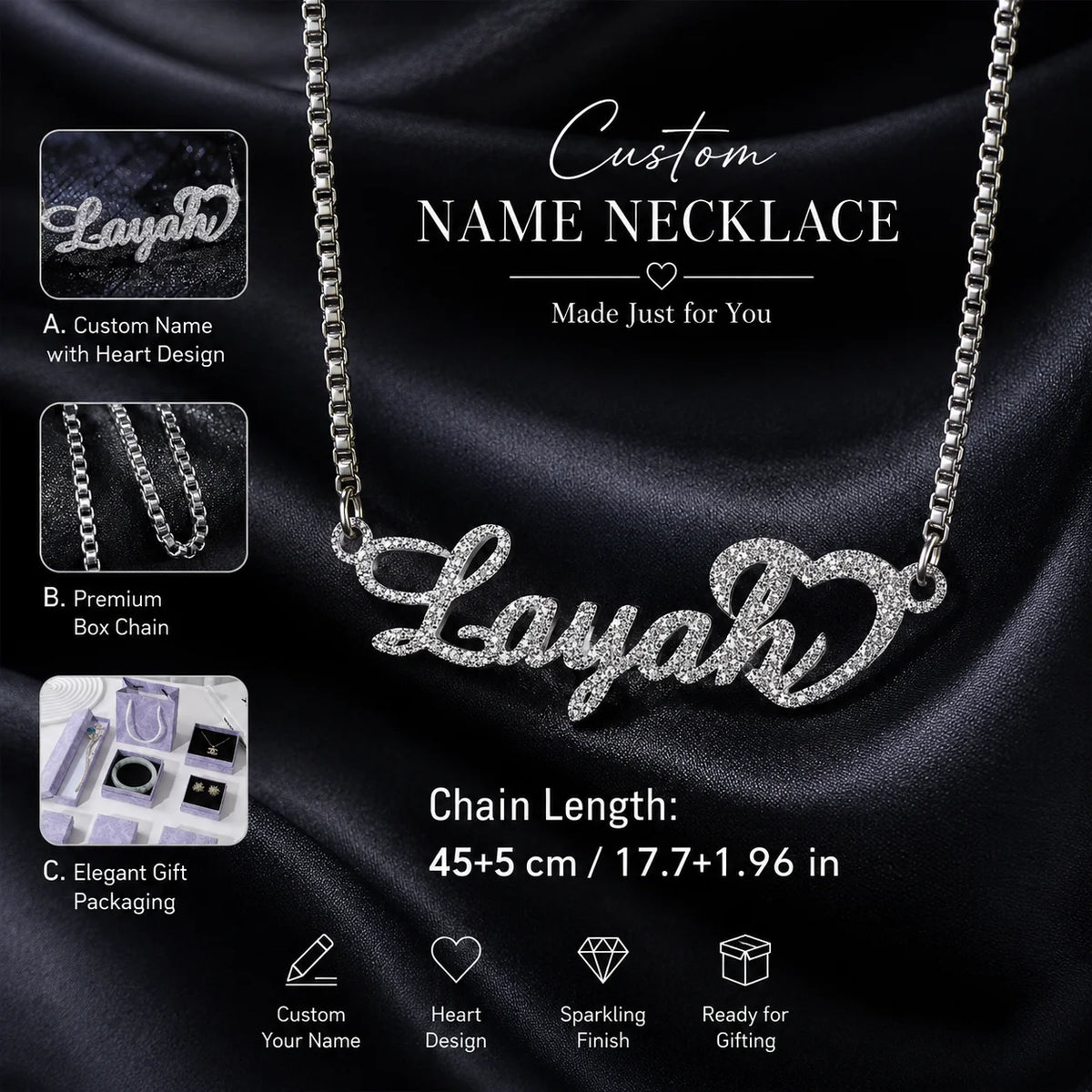 Custom Frosted Name Necklace | Personalized Heart Pendant