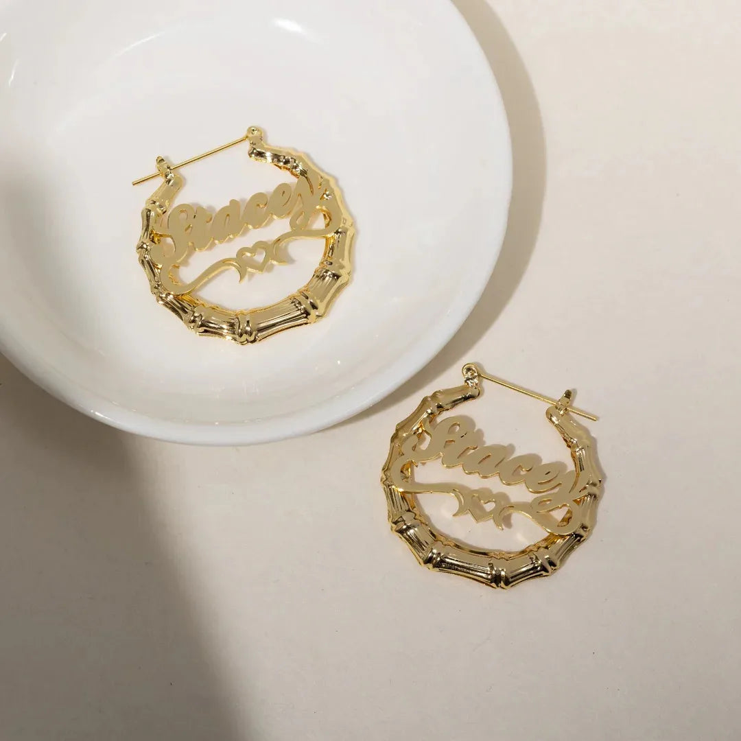 Personalized 18K Gold Bamboo Hoop Earrings – Custom Nameplate