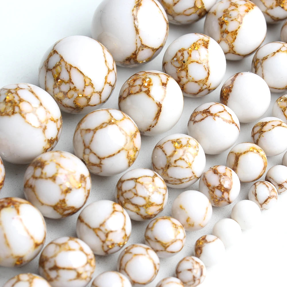 White Howlite Gold Plated Round Beads – 15" Strand 4–12mm