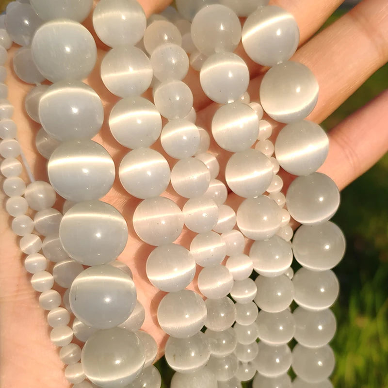 White Cat Eye Opal Round Loose Beads 4–12mm | DIY Jewelry Strand