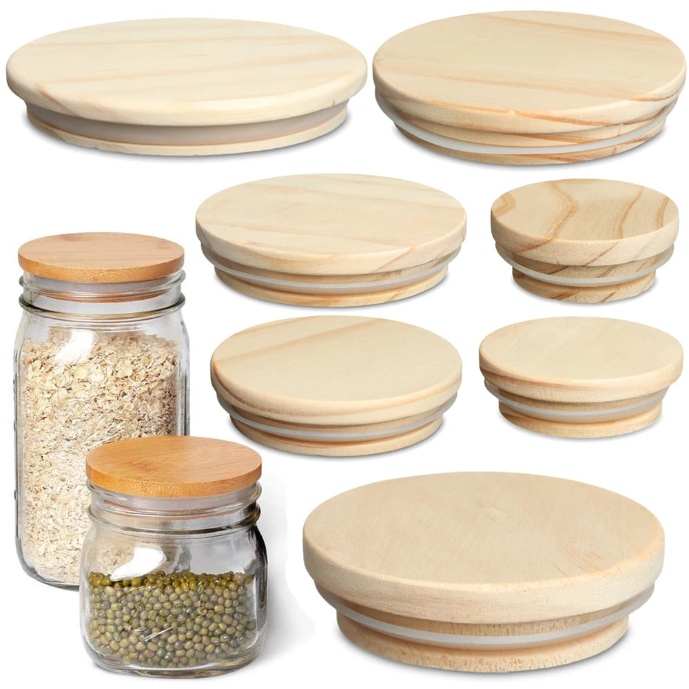 Wood Wide Mouth Mason Jar Lids with Silicone Ring – 7 Sizes
