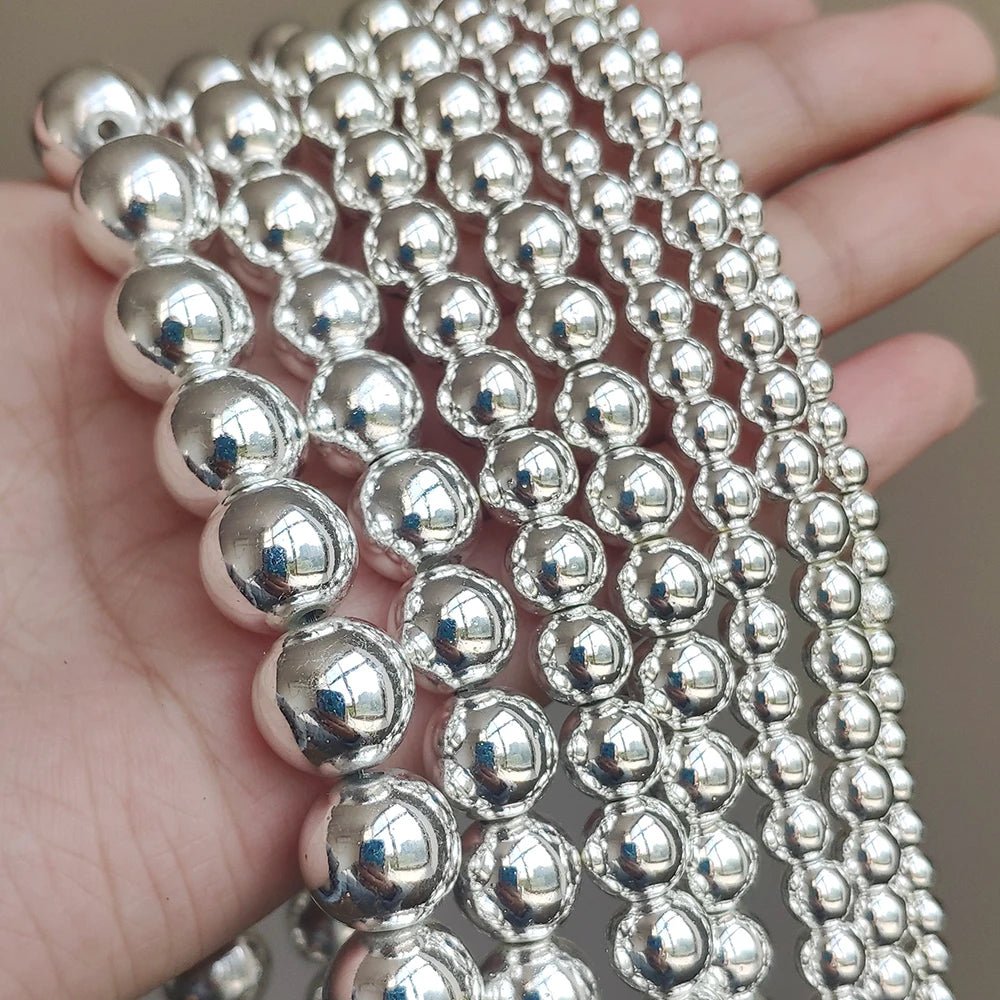 Silver Hematite Round Loose Beads – 15" DIY Jewelry Strand