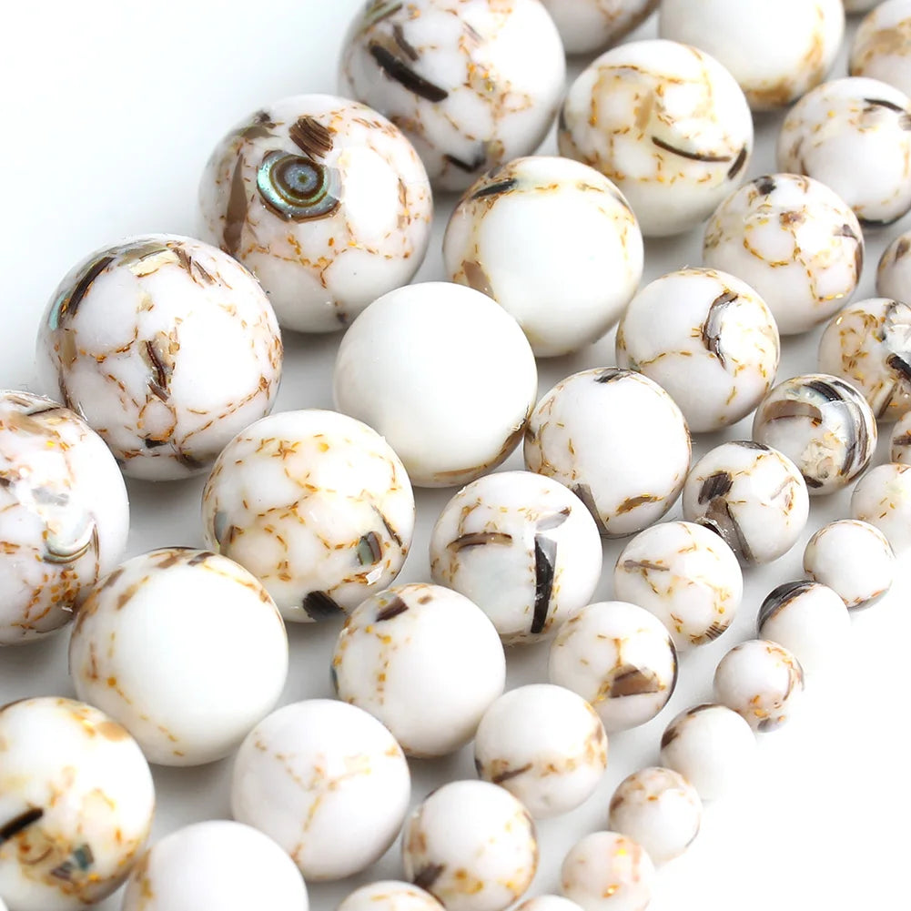 White Howlite Gold Plated Round Beads – 15" Strand 4–12mm