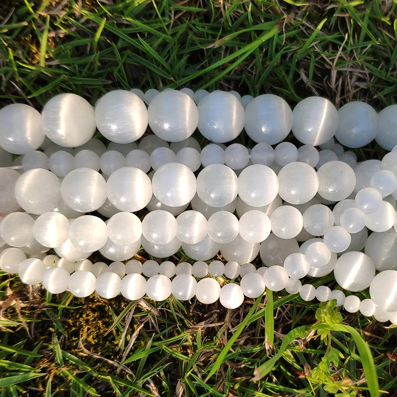 White Cat Eye Opal Round Loose Beads 4–12mm | DIY Jewelry Strand
