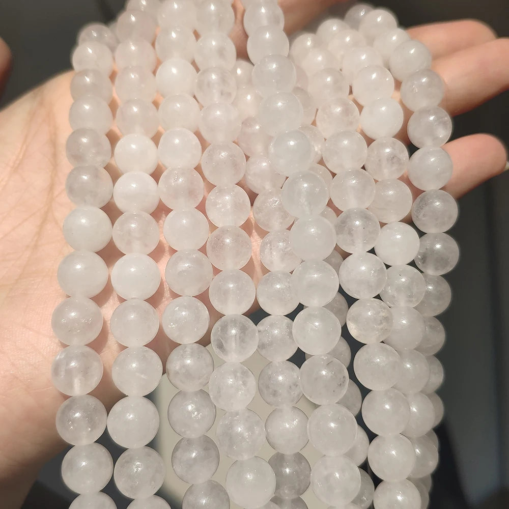 White Chalcedony Round Stone Beads – 15" Strand, 4–12mm