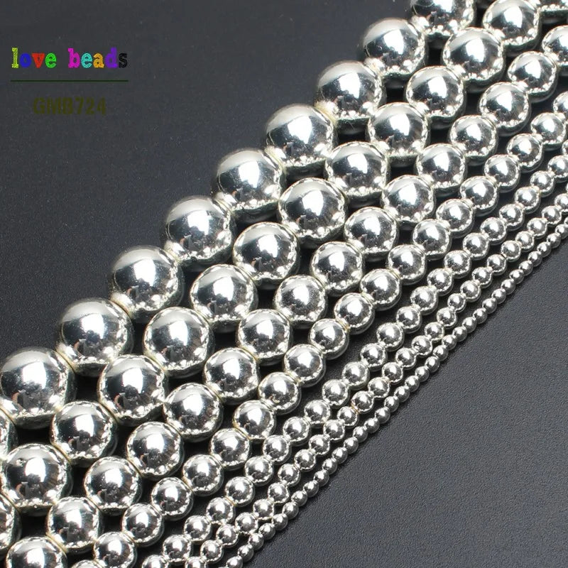 Silver Hematite Round Loose Beads – DIY Jewelry 2–12mm Strand