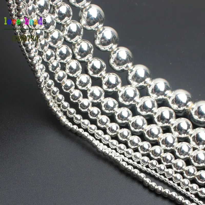 Silver Hematite Round Loose Beads – DIY Jewelry 2–12mm Strand