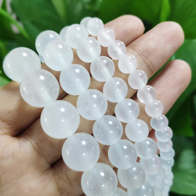 White Chalcedony Round Stone Beads – 15" Strand, 4–12mm