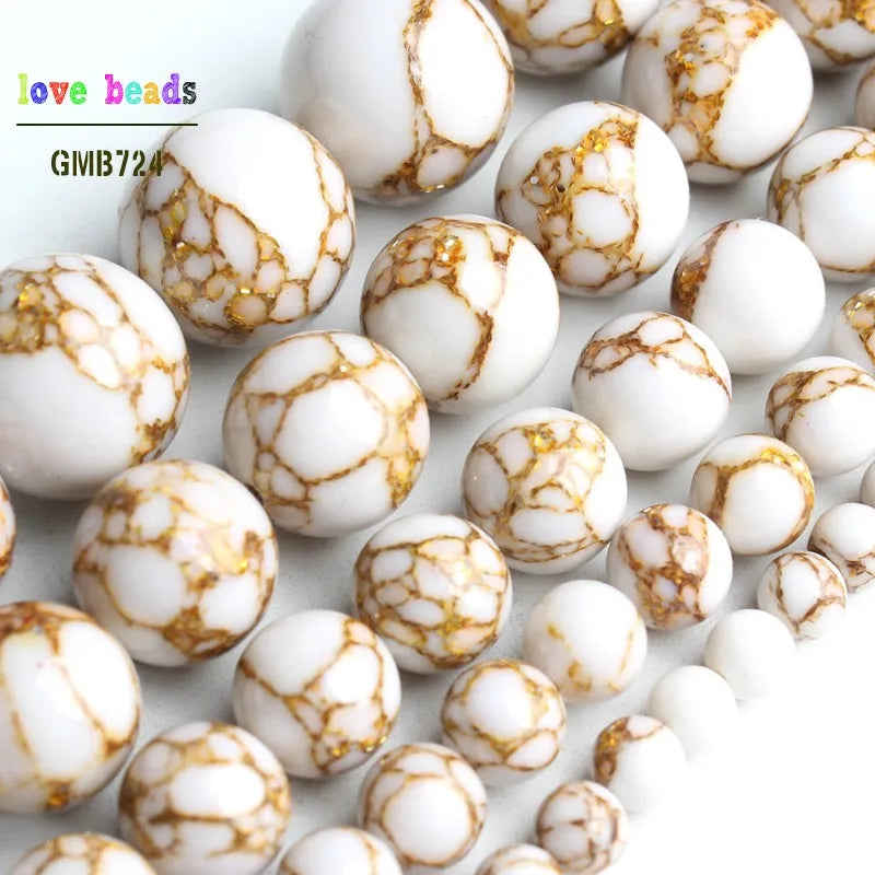 White Howlite Gold Plated Round Beads – 15" Strand 4–12mm