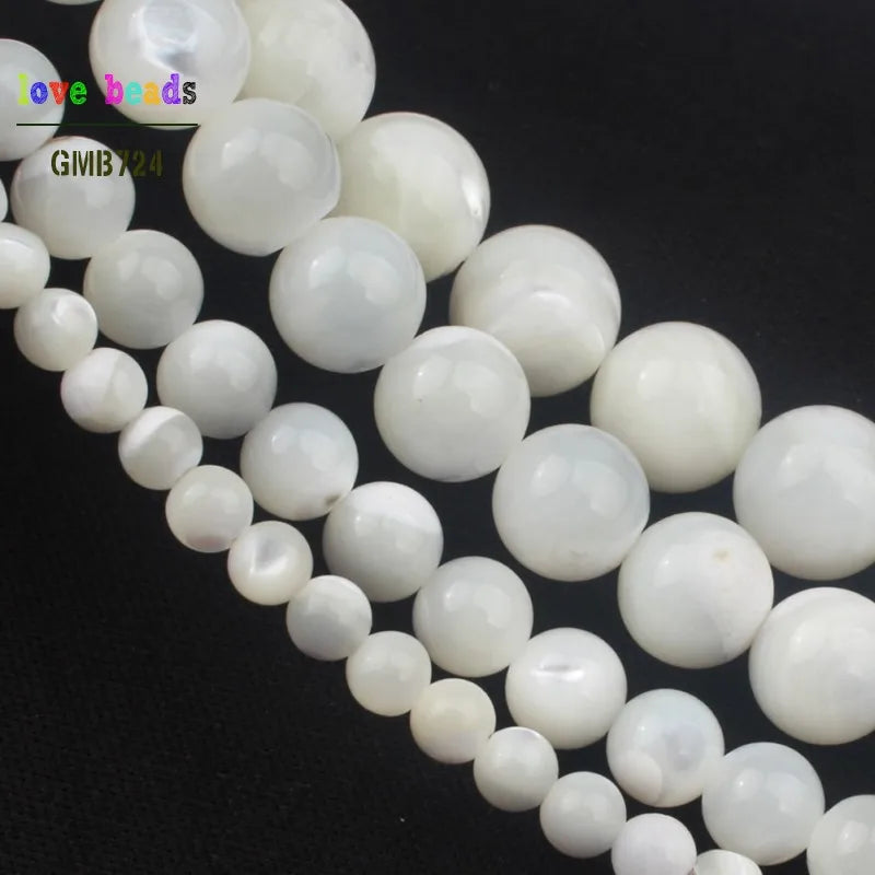 White Mother of Pearl Round Beads 4–14mm | 15" Strand MOP
