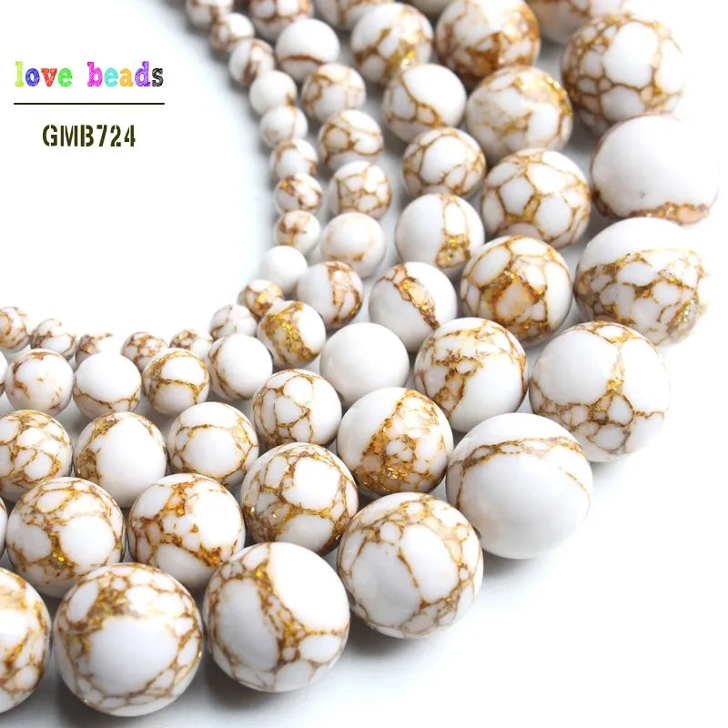 White Howlite Gold Plated Round Beads – 15" Strand 4–12mm