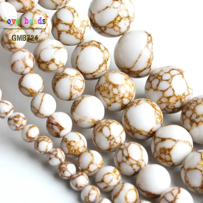 White Howlite Gold Plated Round Beads – 15" Strand 4–12mm