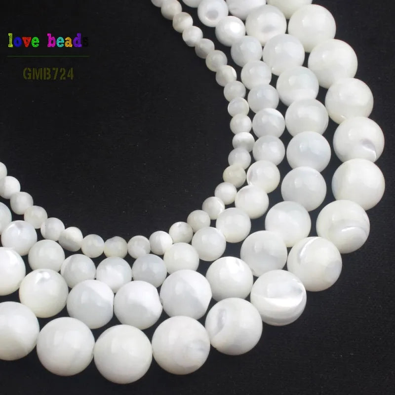 White Mother of Pearl Round Beads 4–14mm | 15" Strand MOP