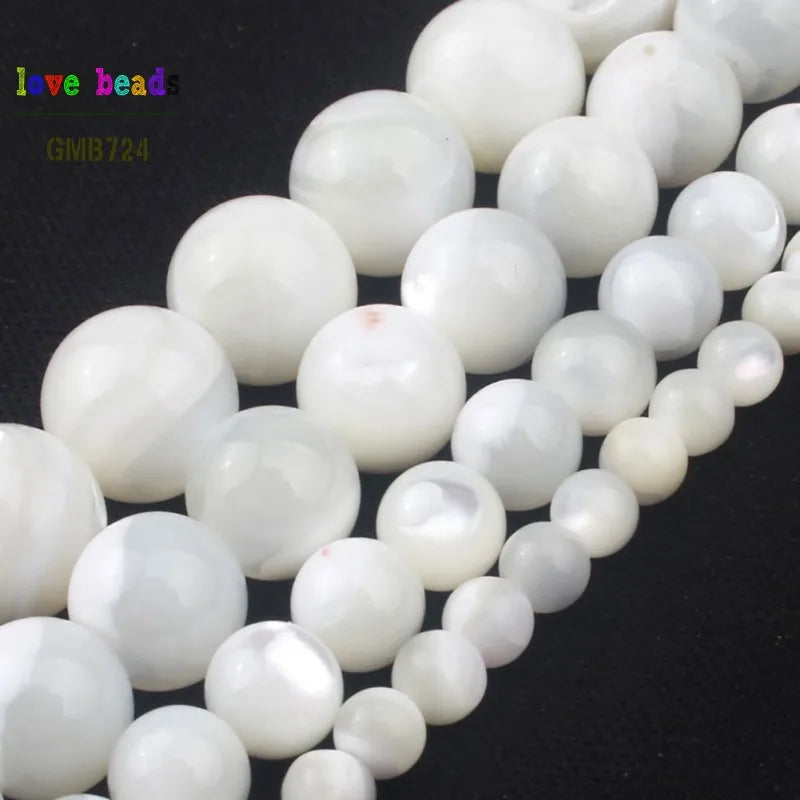 White Mother of Pearl Round Beads 4–14mm | 15" Strand MOP