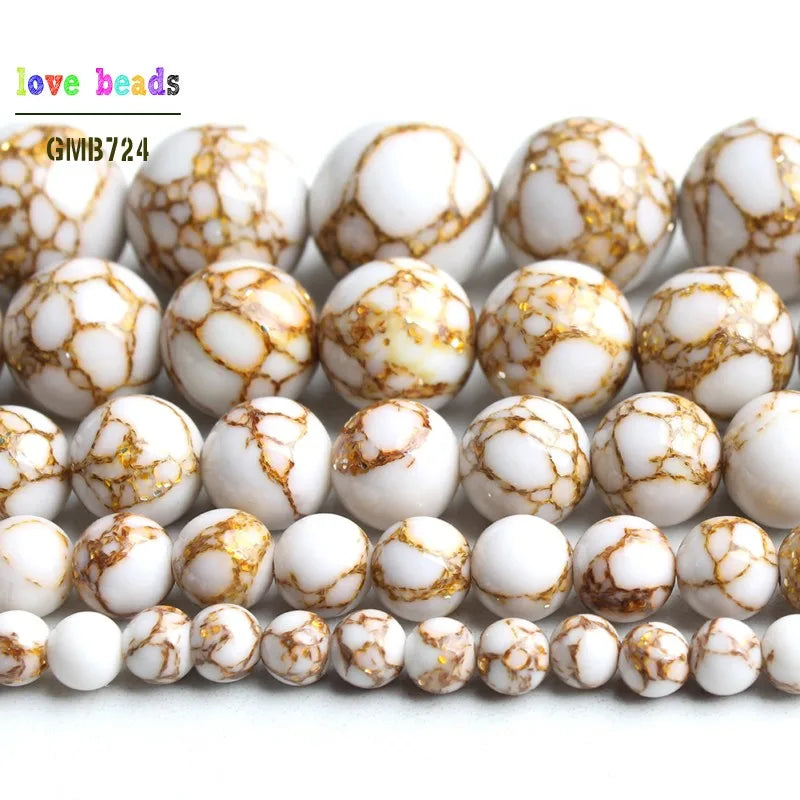White Howlite Gold Plated Round Beads – 15" Strand 4–12mm