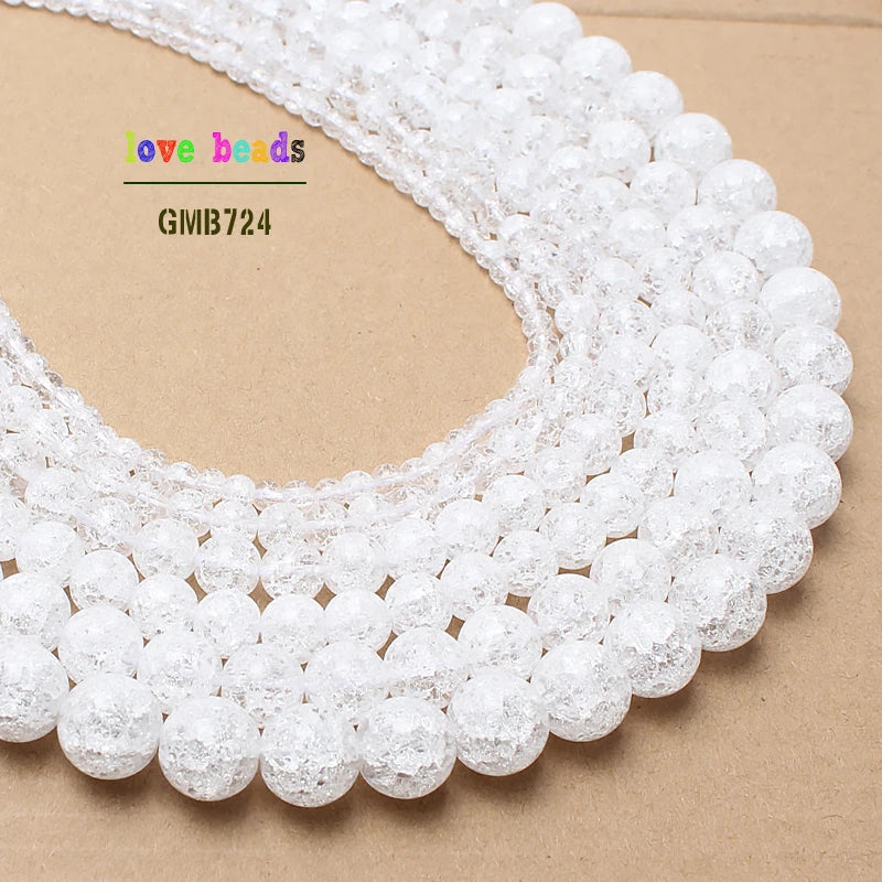 White Cracked Crystal Round Glass Beads – 4–12mm Jewelry Making