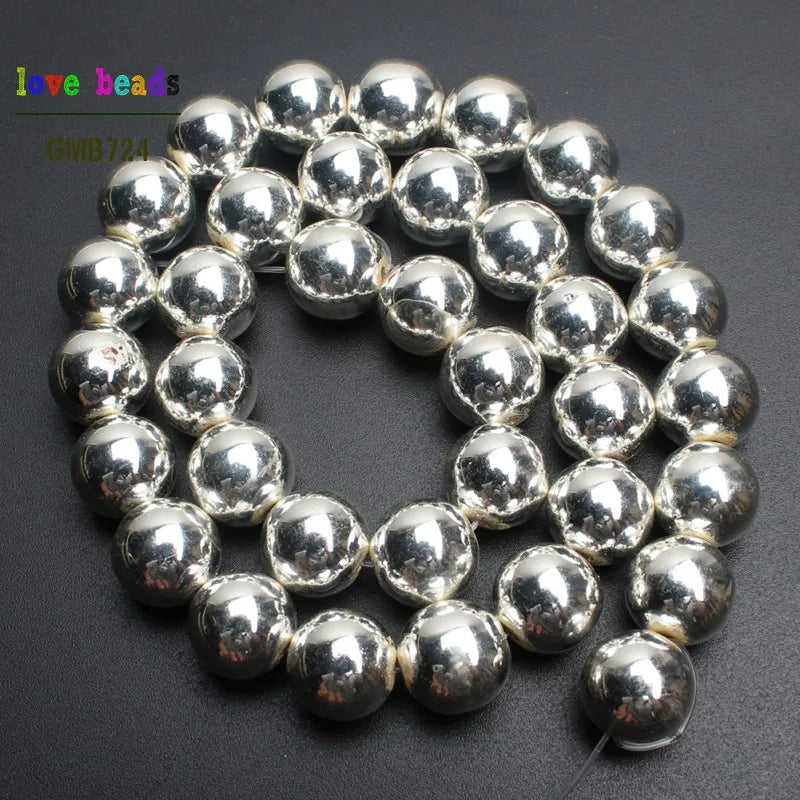 Silver Hematite Round Loose Beads – 15" DIY Jewelry Strand