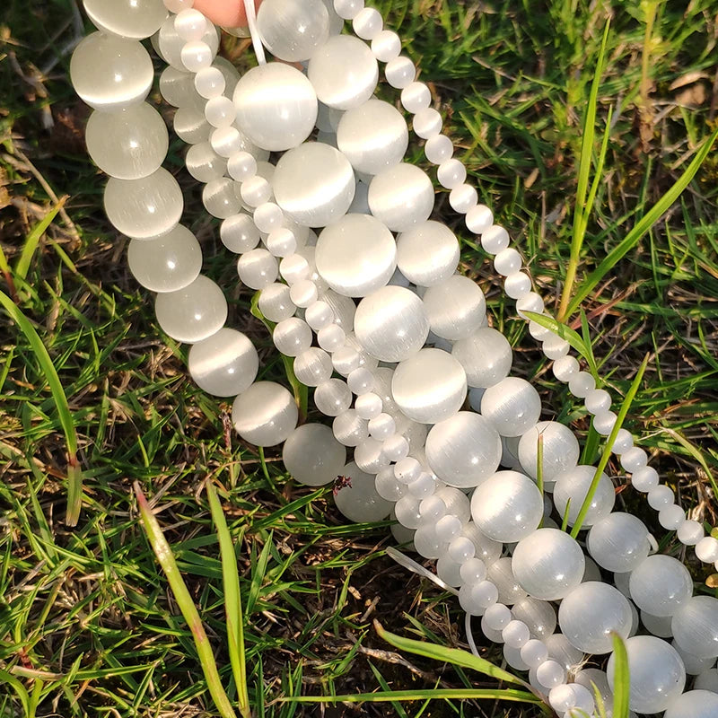 White Cat Eye Opal Round Loose Beads 4–12mm | DIY Jewelry Strand