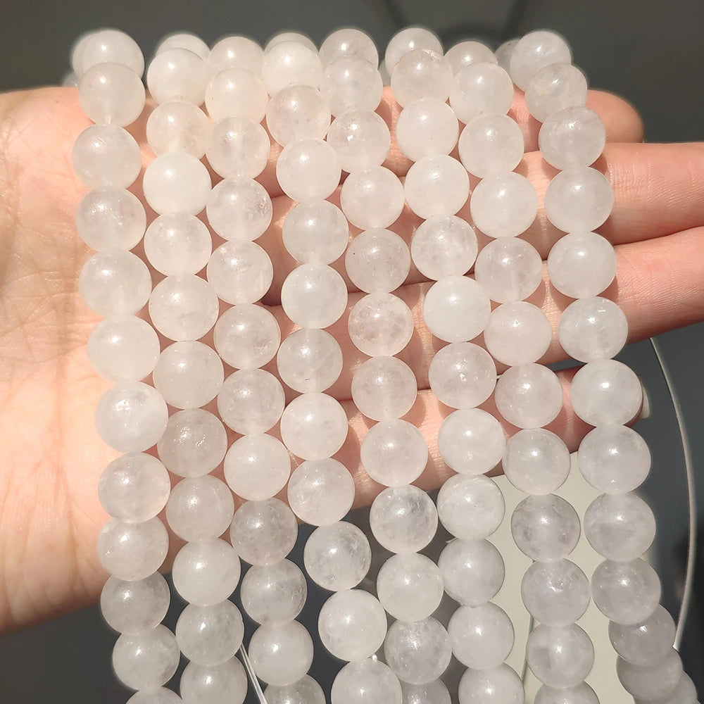 White Chalcedony Round Stone Beads – 15" Strand, 4–12mm