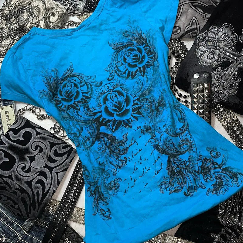 Women's Y2K Rhinestone Heart Rose Grunge T-Shirt | Harajuku Top