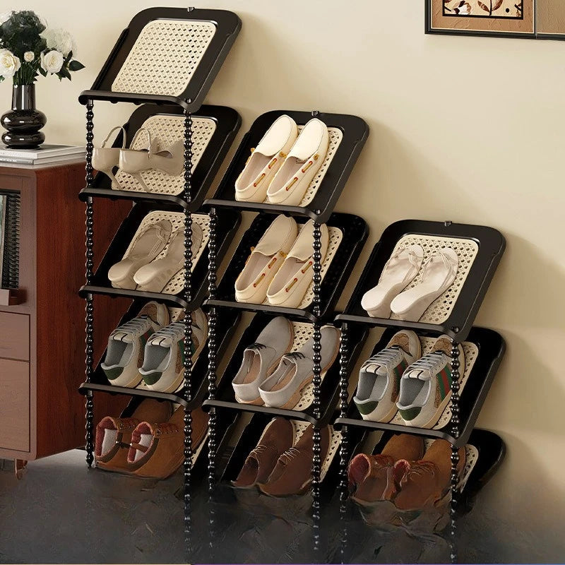 Vintage Rattan Multi-Tier Shoe Rack Entryway Organizer