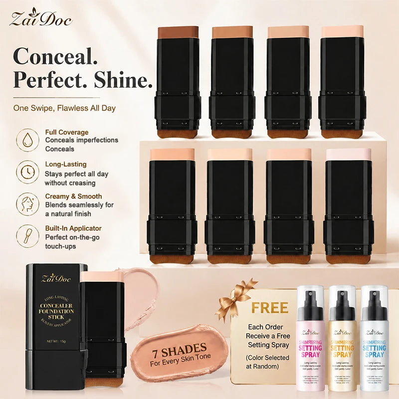 ZaiDoc 2-in-1 Concealer Foundation Stick | 7 Shades + Setting Spray