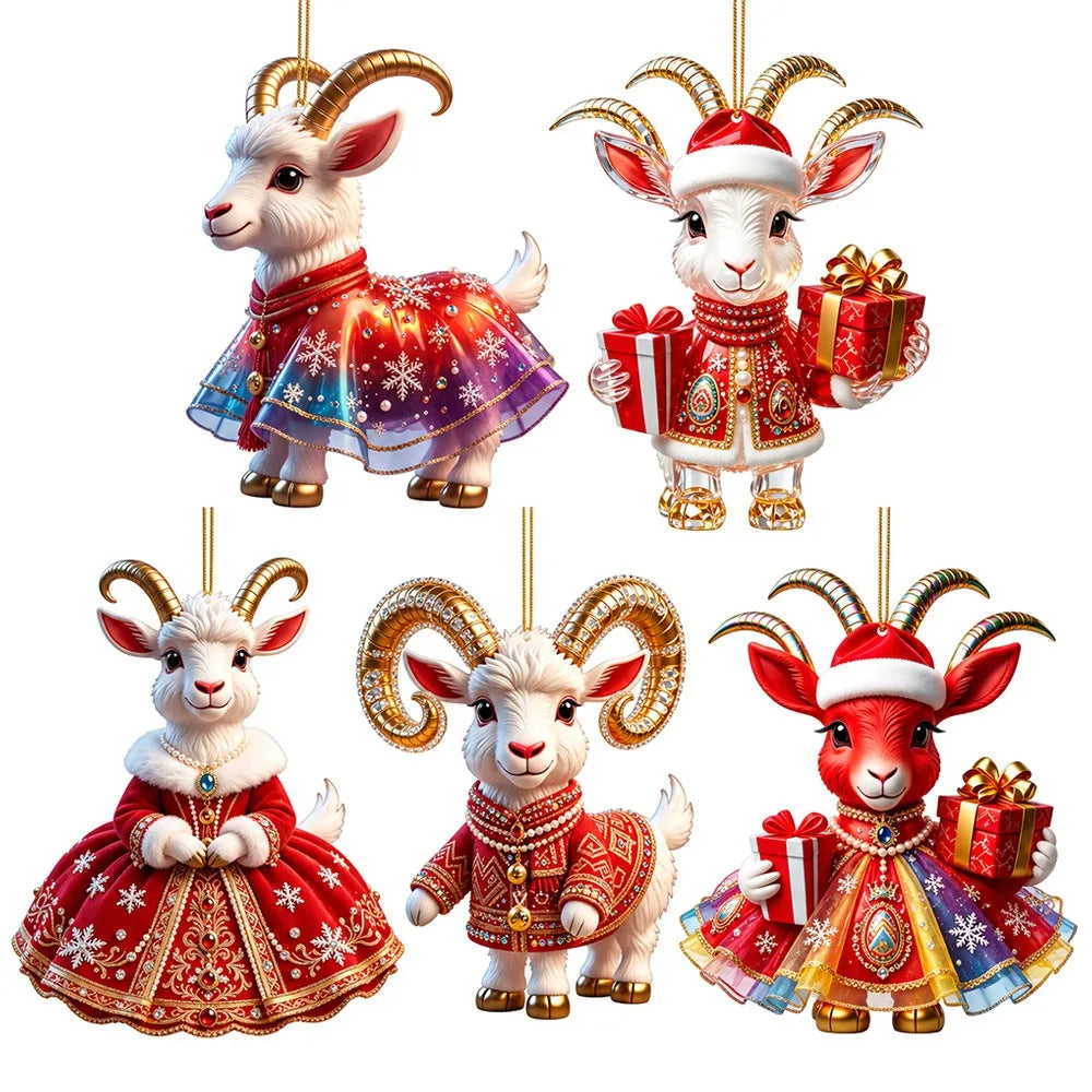 Rhinestone Goat Christmas Ornaments – 5-Pack Acrylic Pendants