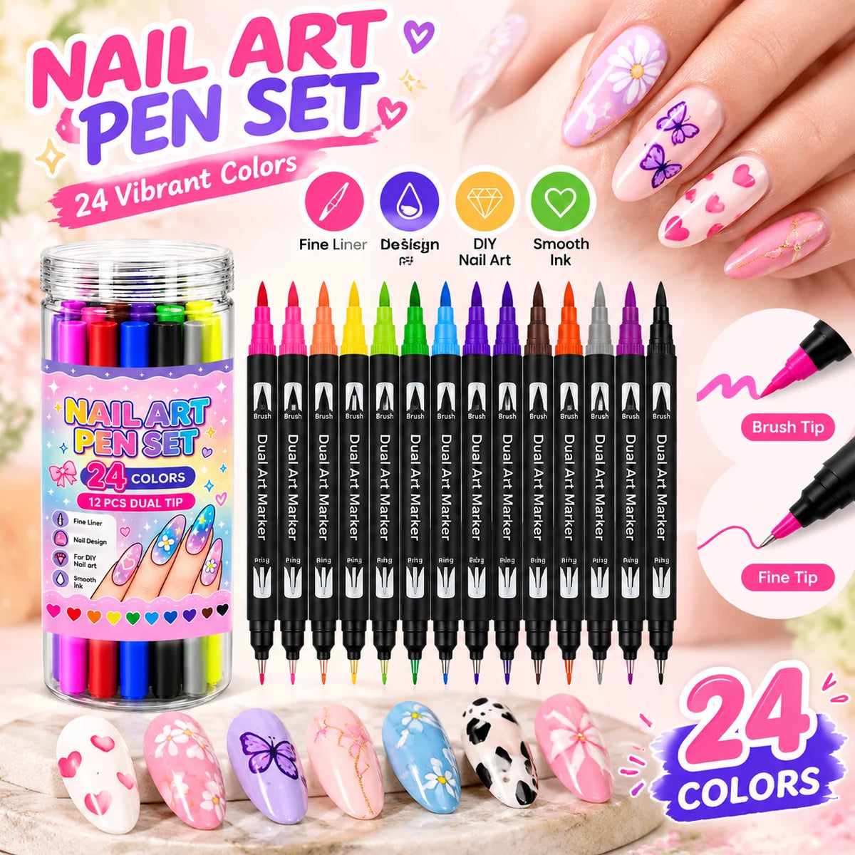12/24 Color Dual-Tip Nail Art Pen Set – Quick-Dry Acrylic Markers