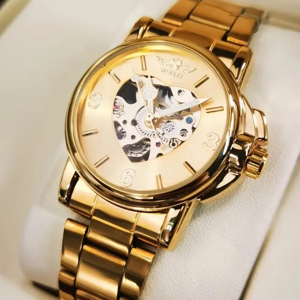 Women's Heart-Shaped Automatic Watch – Gold Hollow Dial