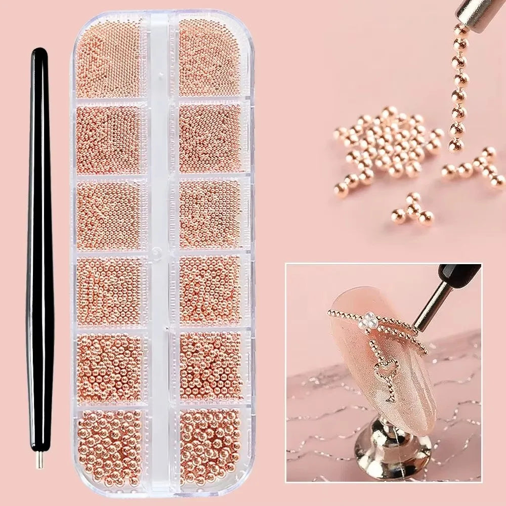 12-Grid Mini Caviar Beads – Gold Silver Micro Ball Nail Art Set