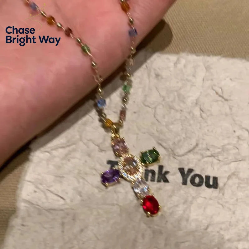 Y2K Colorful Zirconia Cross Pendant Necklace | Crystal Choker