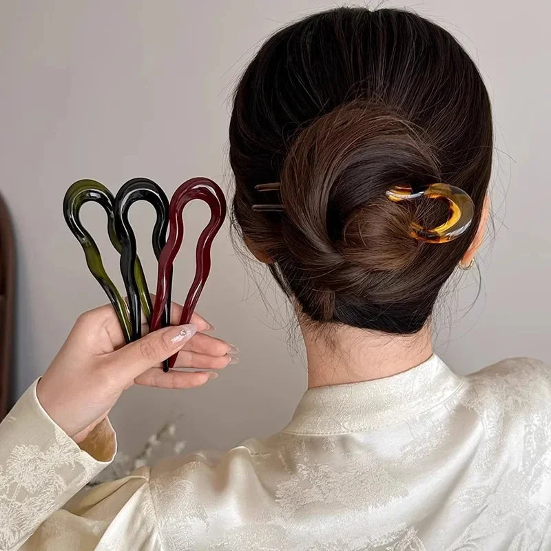 Women's U-Shaped Geometric Hair Fork – Tortoiseshell Hairpin