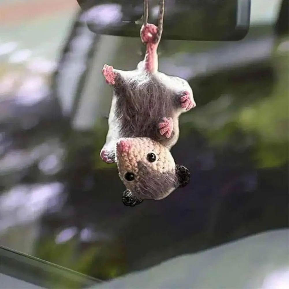 Crochet Opossum Car Charm – Handmade Knitted Rearview Mirror Pendant