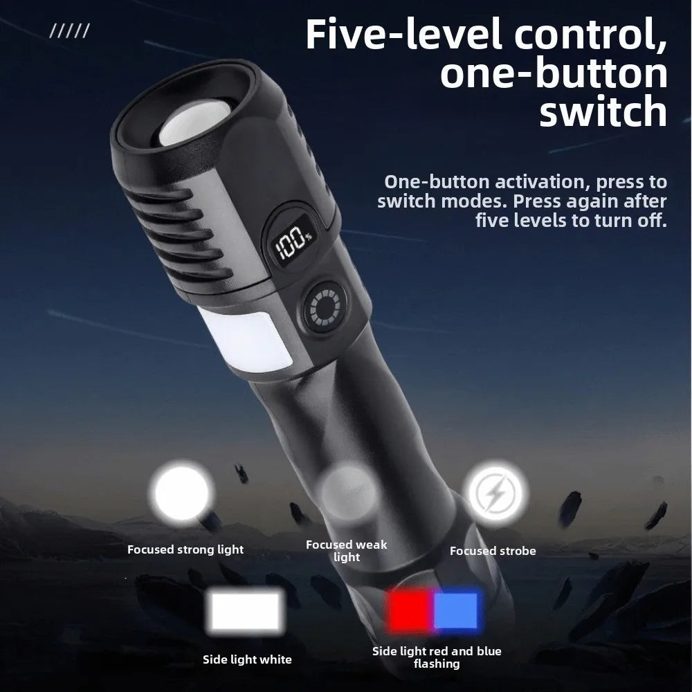 Zoomable USB Rechargeable LED Flashlight with Side Light
