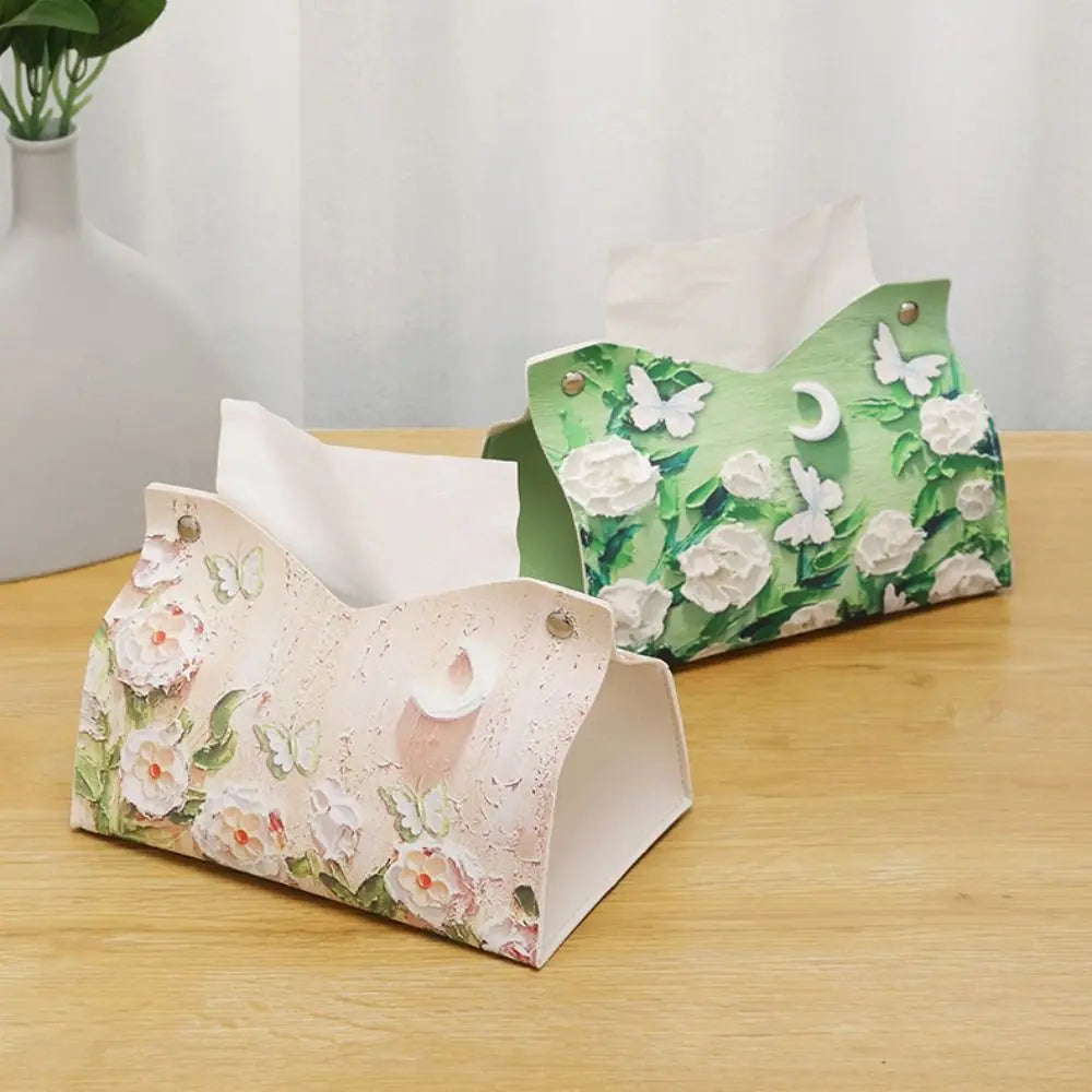 Vintage PU Leather Tissue Box Cover – Oil Painting Decor
