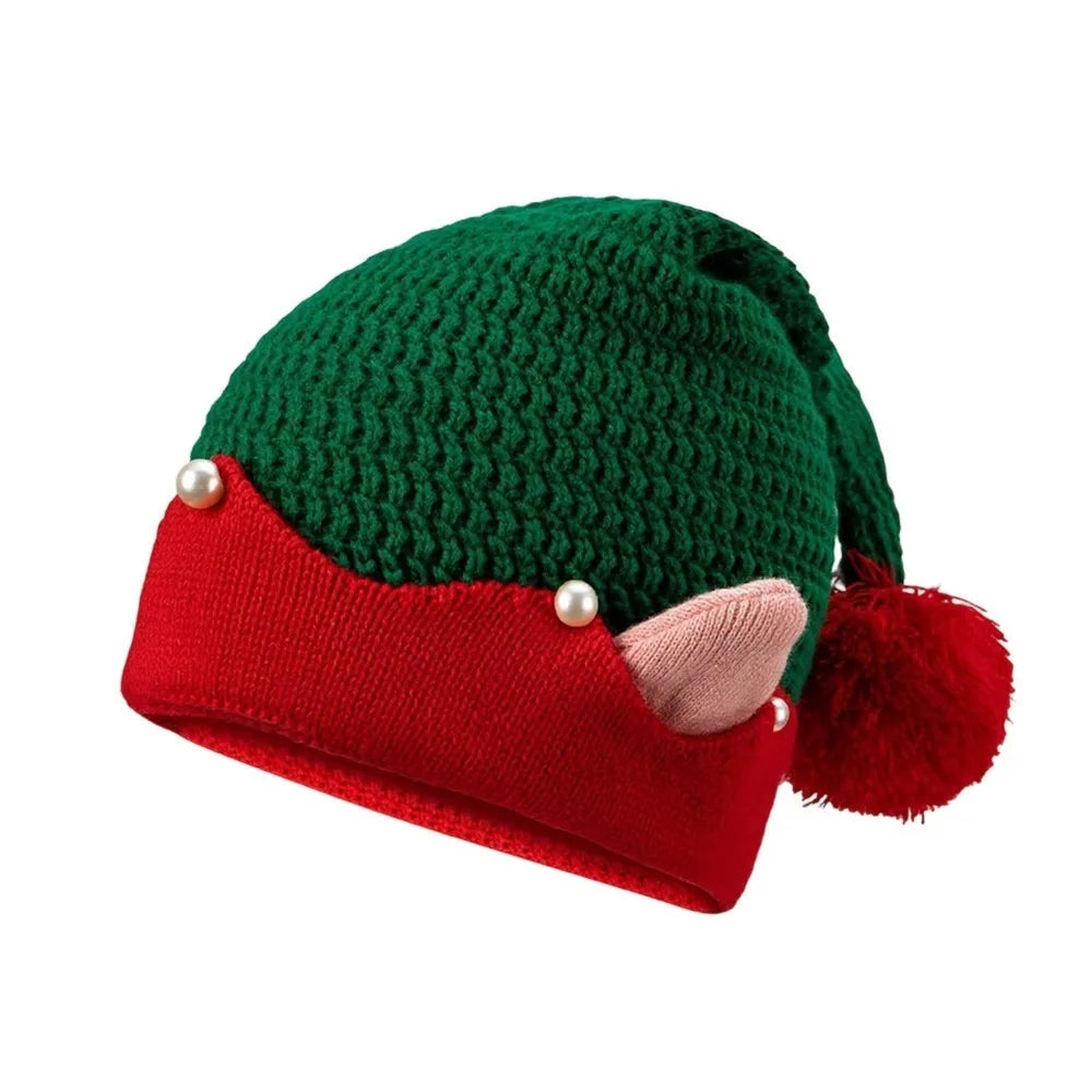 Knitted Christmas Elf Hat – Striped Jacquard Cap with Pom-Pom
