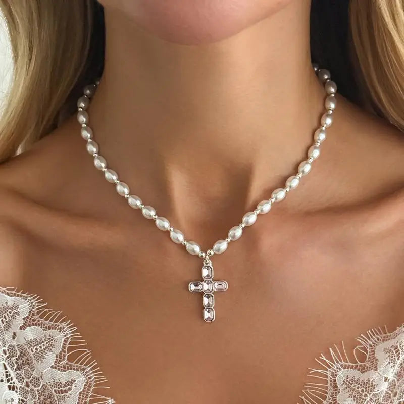 Diamond Cross Pendant Necklace – Faux Pearl Choker for Women