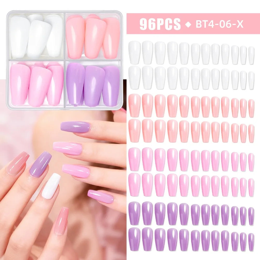 96-Pack Coffin Press On Nails – Matte Mix Color Full Cover Tips