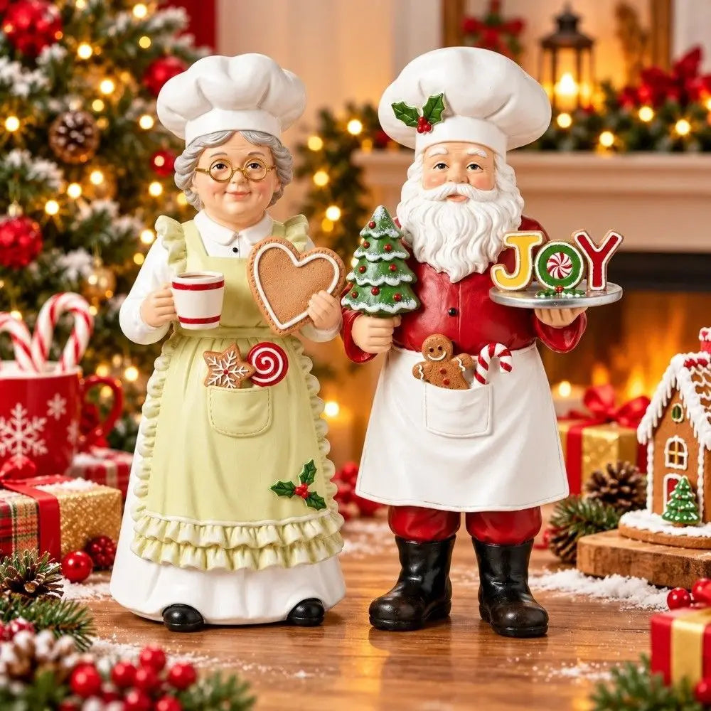 Wooden Chef Santa & Mrs. Claus Figurine Set | Christmas Décor