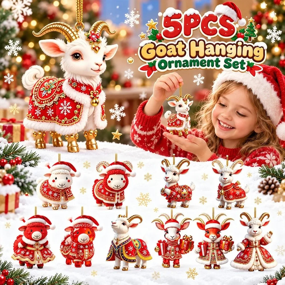 Rhinestone Goat Ornaments Set of 5 – Acrylic 2D Flat Holiday