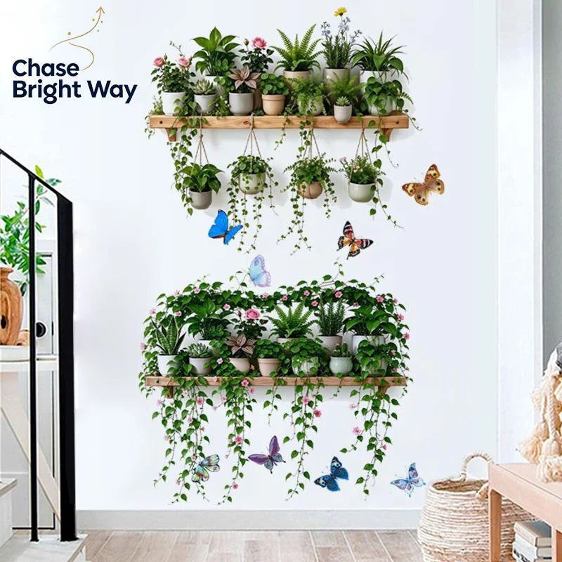 Green Plant & Butterfly Wall Decals – Removable Self-Adhesive