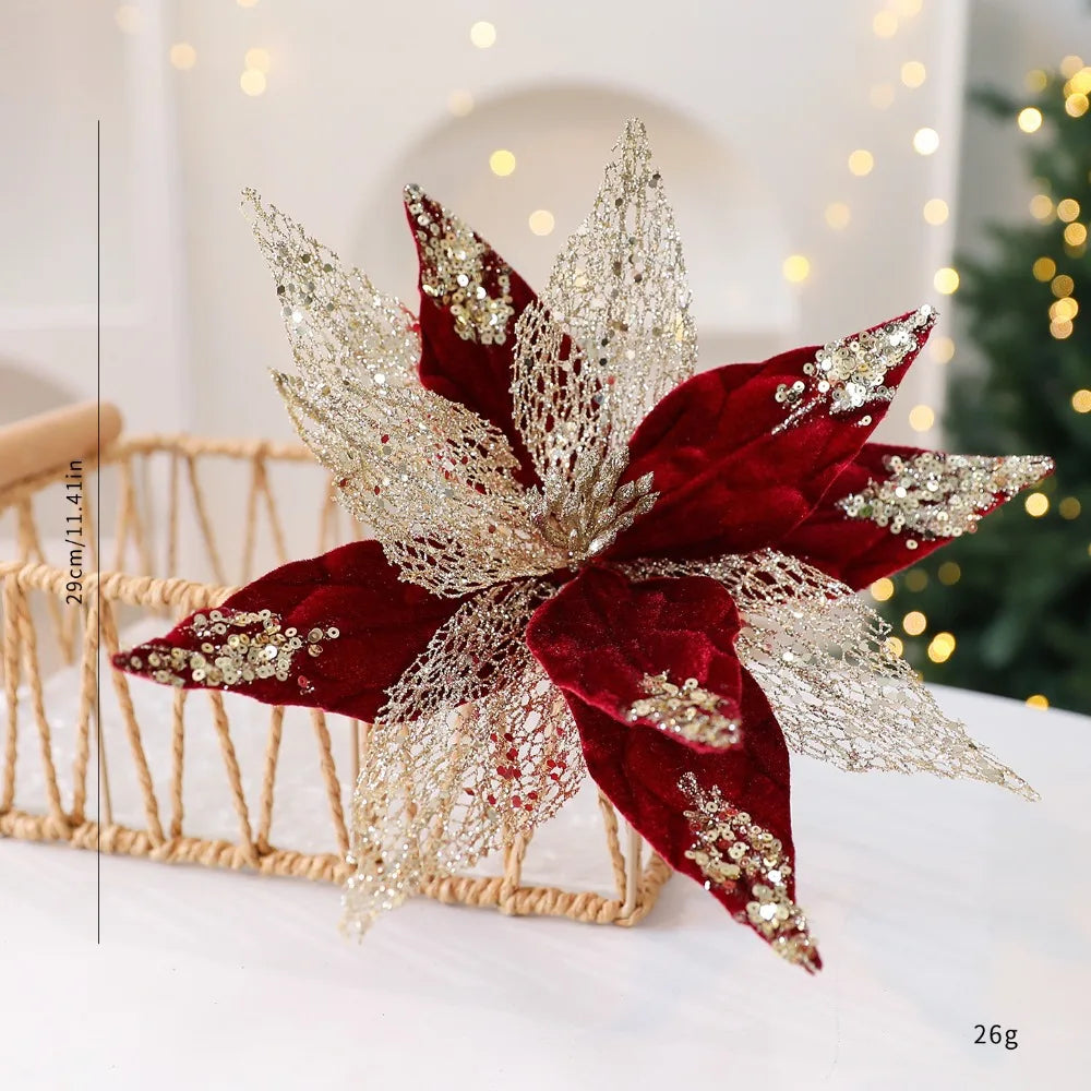 Glitter Christmas Artificial Flower 29cm – Flannel Fabric Xmas Decor