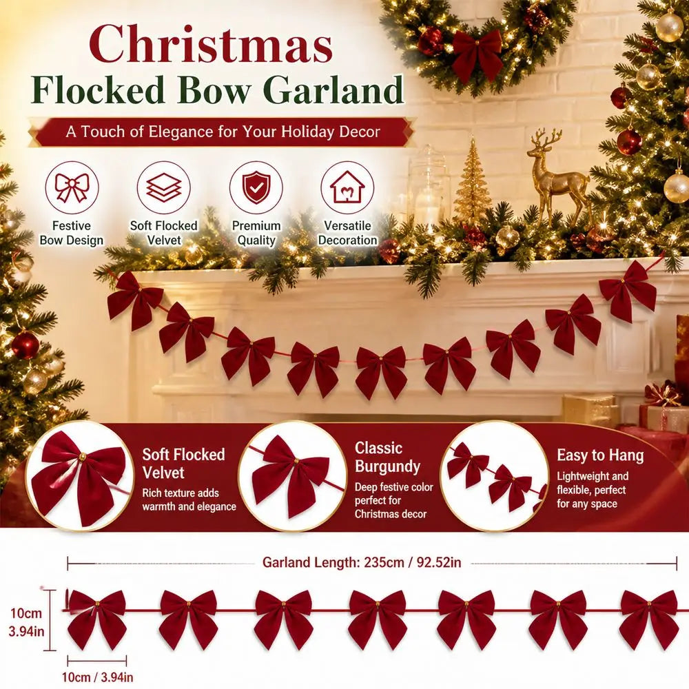 Flocked Velvet Bow Christmas Garland | Burgundy Holiday Decor