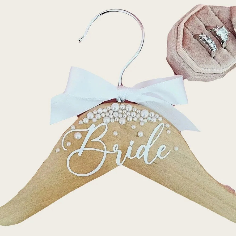 Wooden Bridal Hanger – Faux Pearl Butterfly Knot & Ribbon
