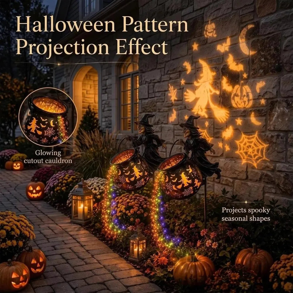 LED Halloween Witch Cauldron Solar Garden Light Shadow Projection