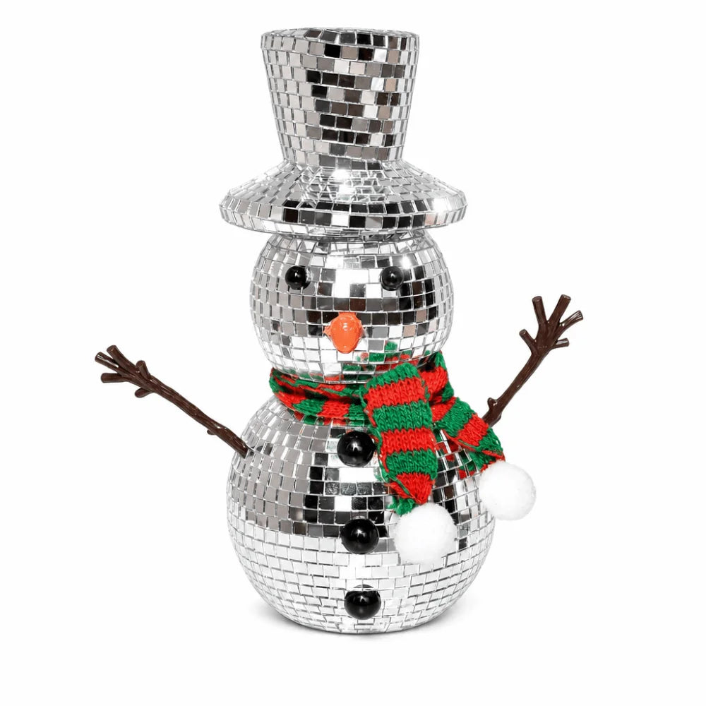Silver Mirror Disco Ball Snowman Ornament with Knitted Scarf