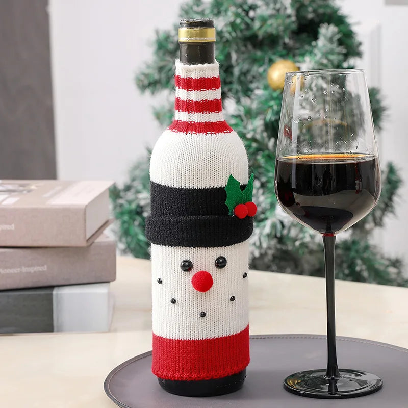 Christmas Santa Knitted Wine Bottle Cover | Holiday Sleeve